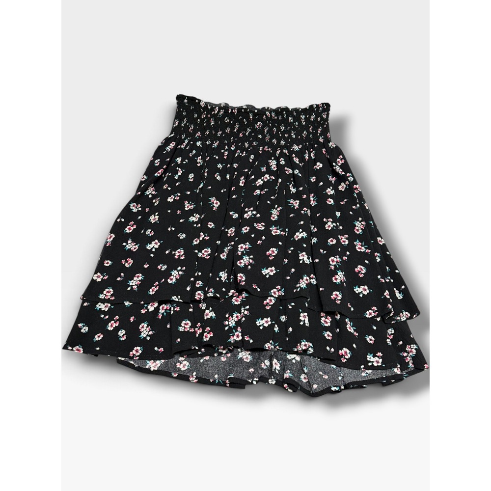 Torrid Black Ditsy Floral Smocked Waist Layered Ruffle Mini Skirt Size 0 14 16